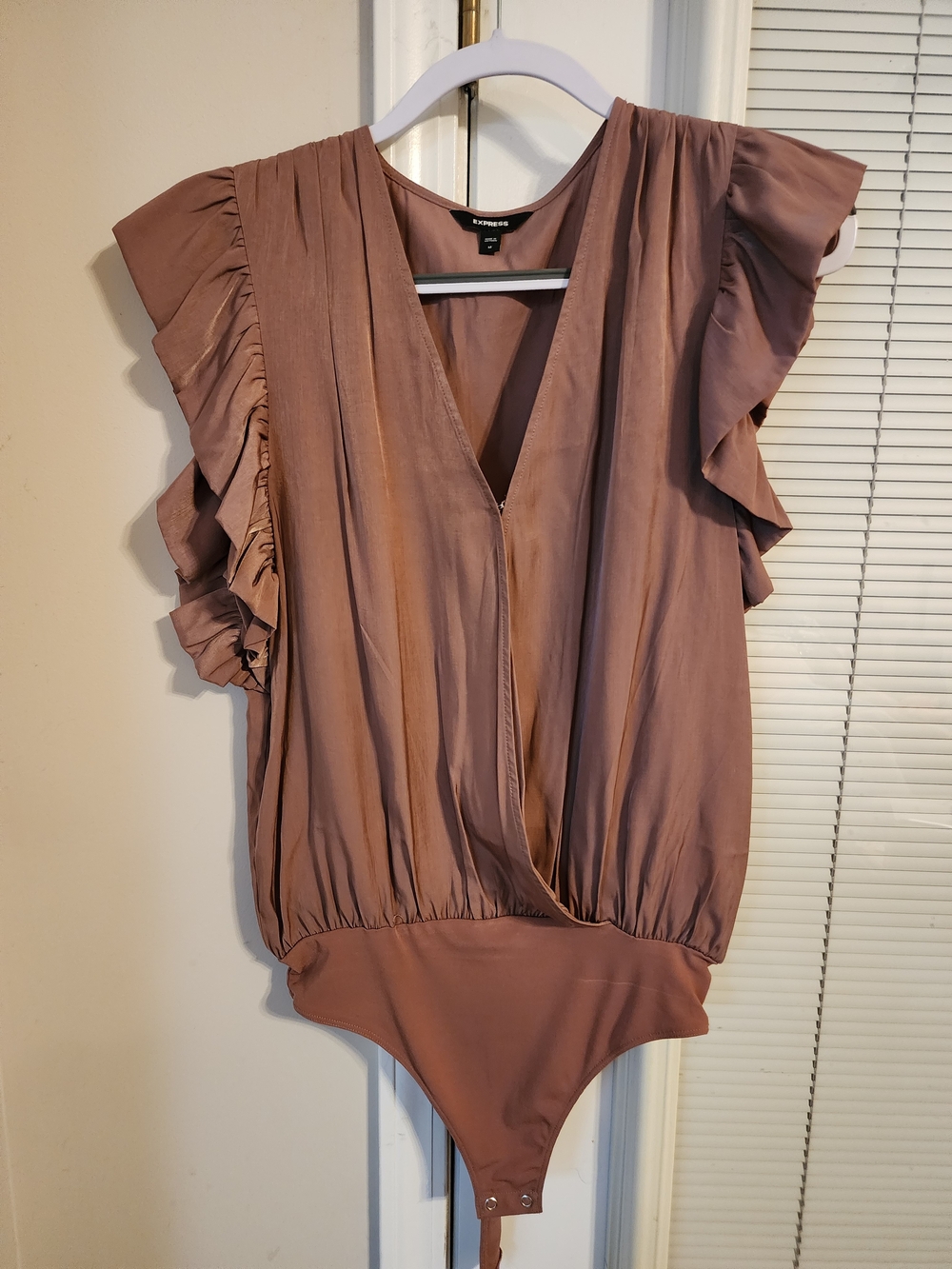 Express Mauve Ruffle-Sleeve Surplice Bodysuit